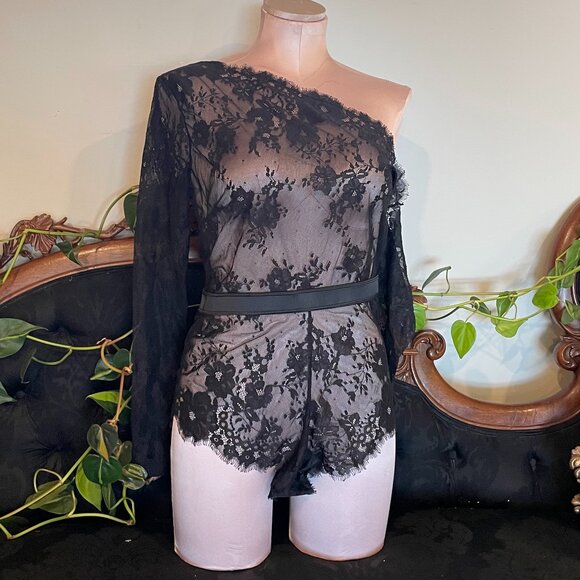 Frederick's of Hollywood Lace Mesh Bodysuit Cutout off Shoulder Size M Black - Picture 1 of 5